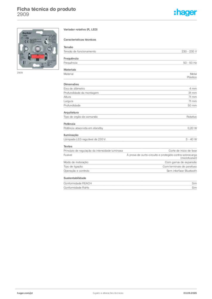 Imagem Hager Ficha técnica do produto 2909 | Hager Portugal