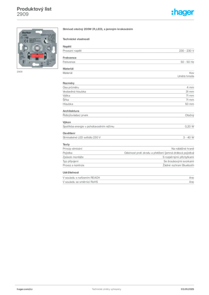 Obrázek Hager Produktový list 2909 | Hager
