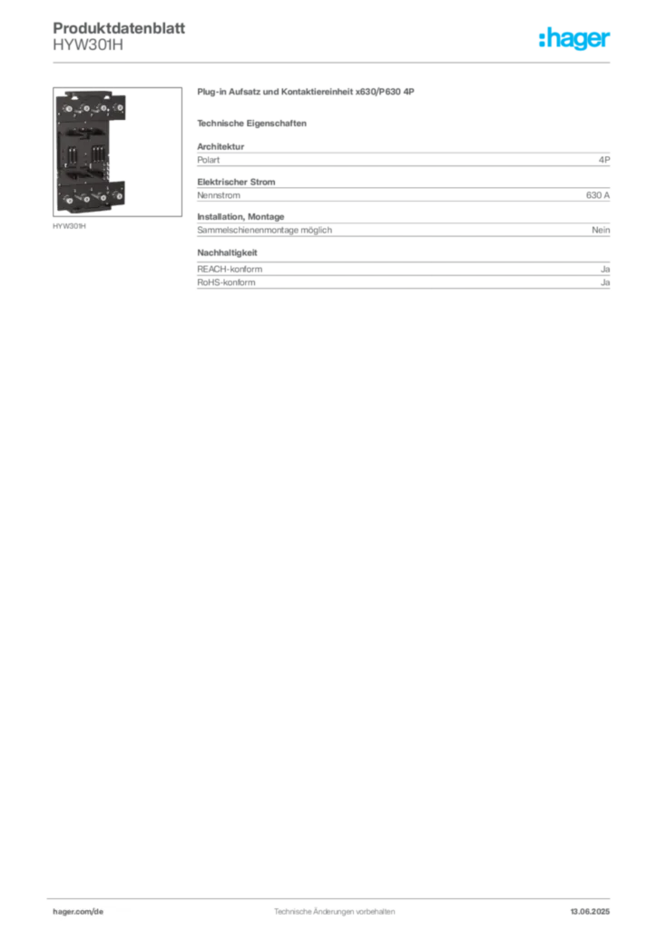 Bild Hager Produktdatenblatt HYW301H | Hager Deutschland