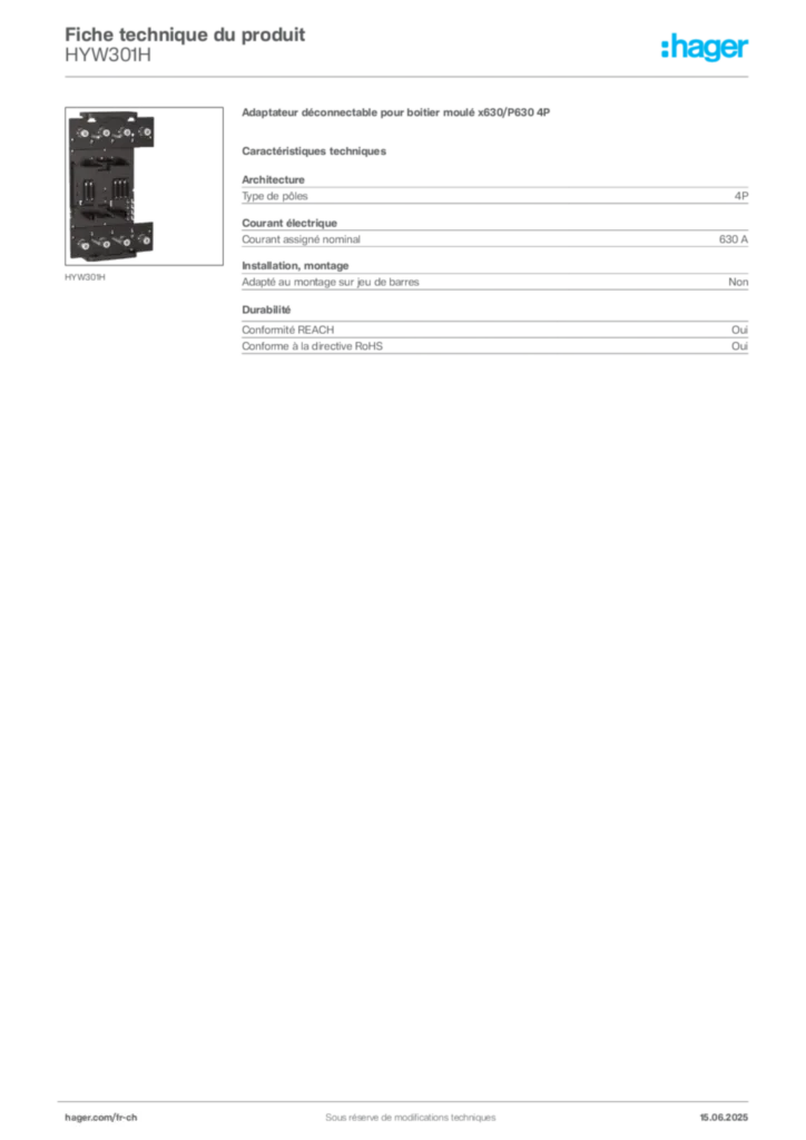 Image Hager Fiche technique du produit HYW301H | Hager Suisse