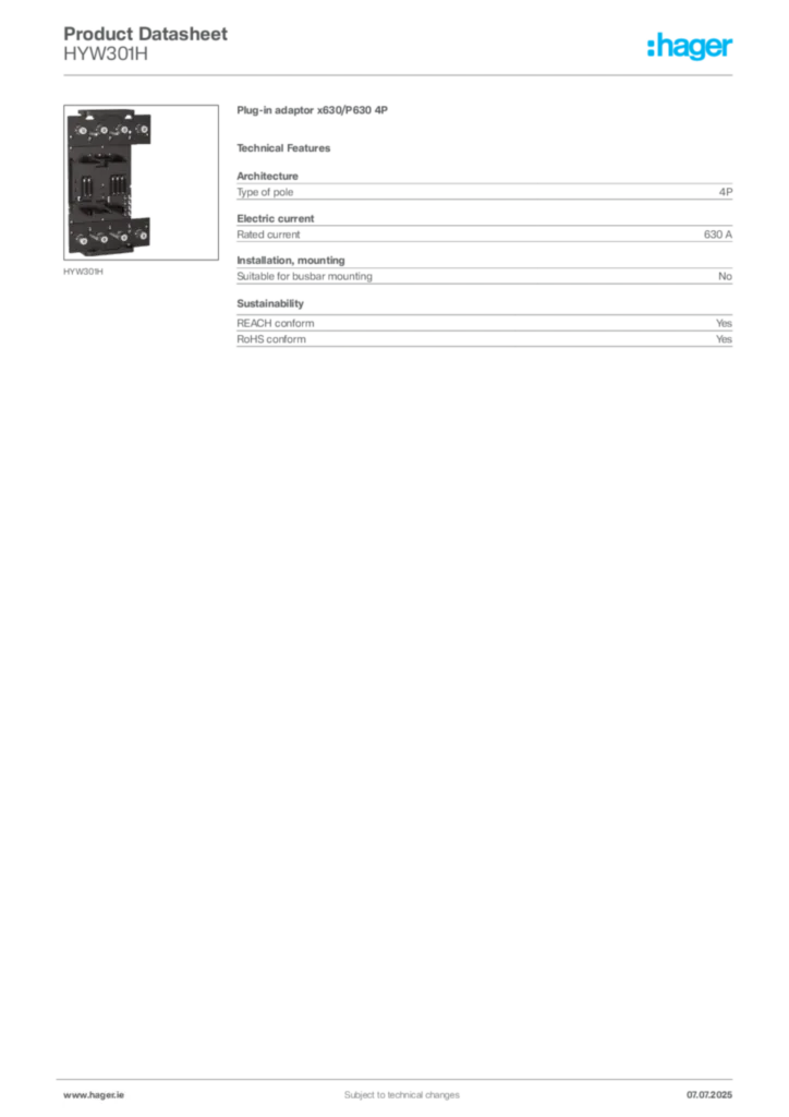 Image Hager Product data sheet HYW301H  | Hager