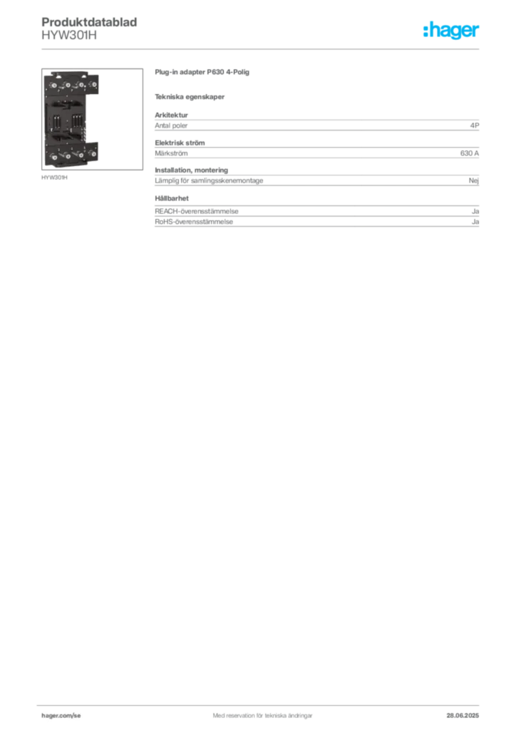 Bild Hager Produktdatablad HYW301H | Hager Sverige