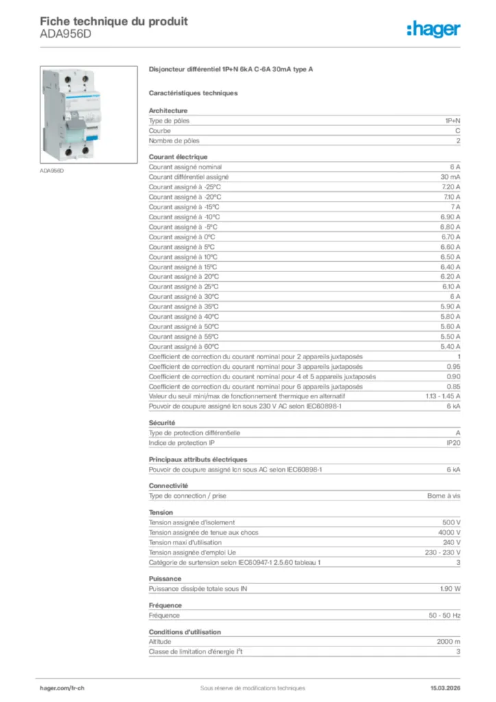 Image Hager Fiche technique du produit ADA956D | Hager Suisse
