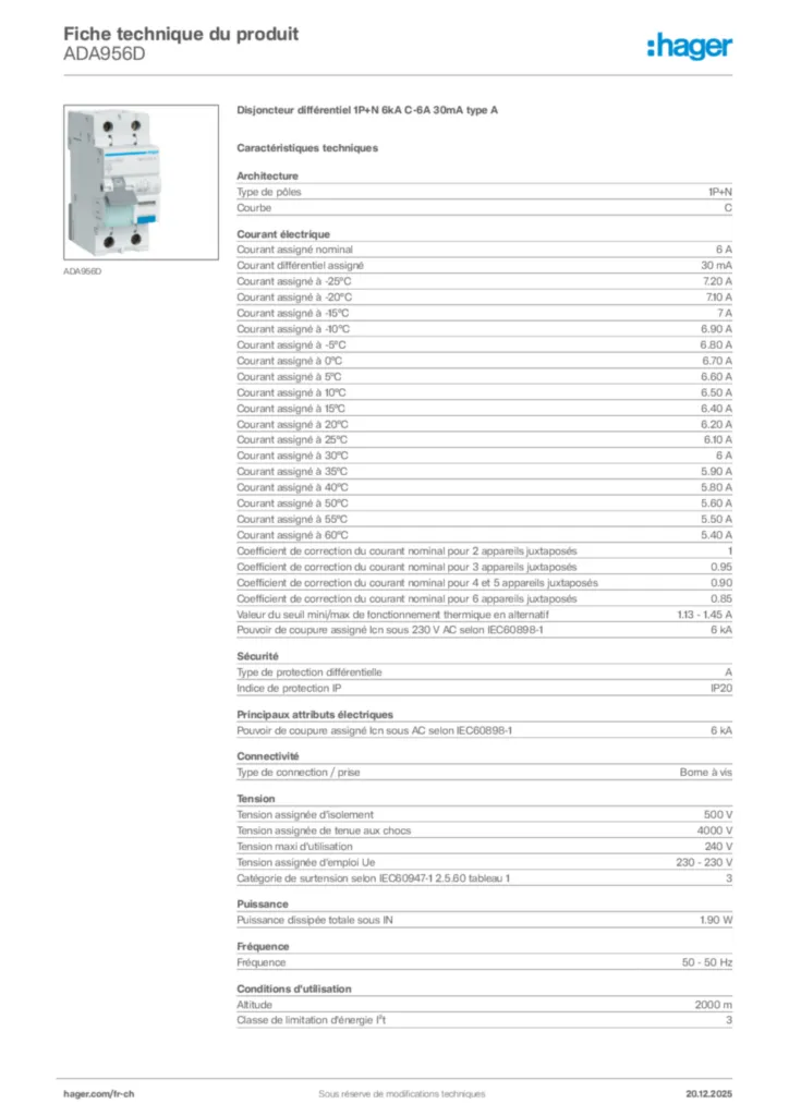 Image Hager Fiche technique du produit ADA956D | Hager Suisse
