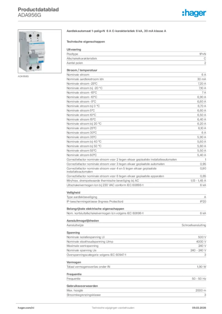 Afbeelding Hager Productdatablad ADA956G | Hager Nederland