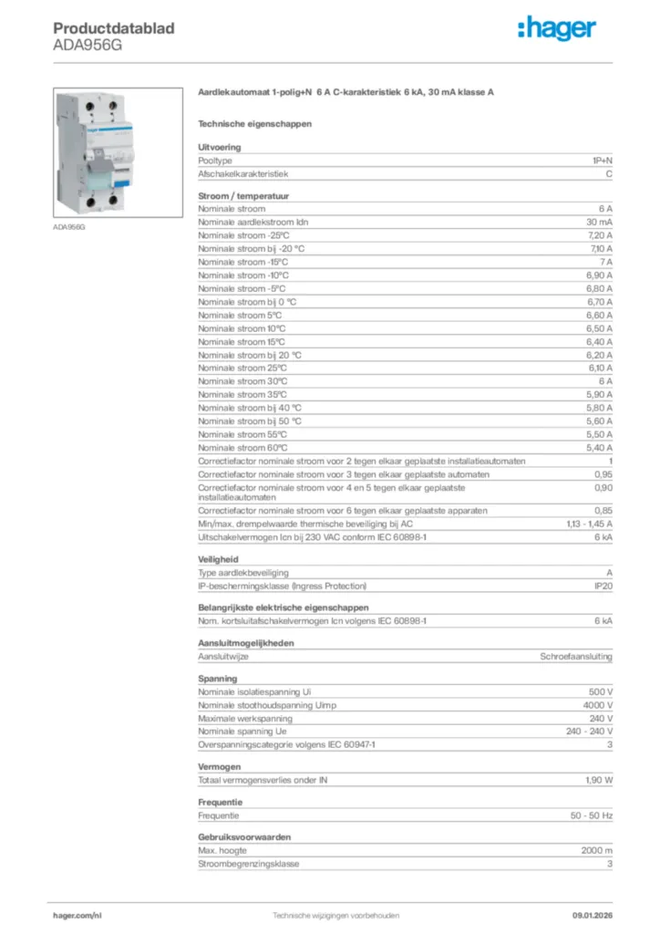 Afbeelding Hager Productdatablad ADA956G | Hager Nederland