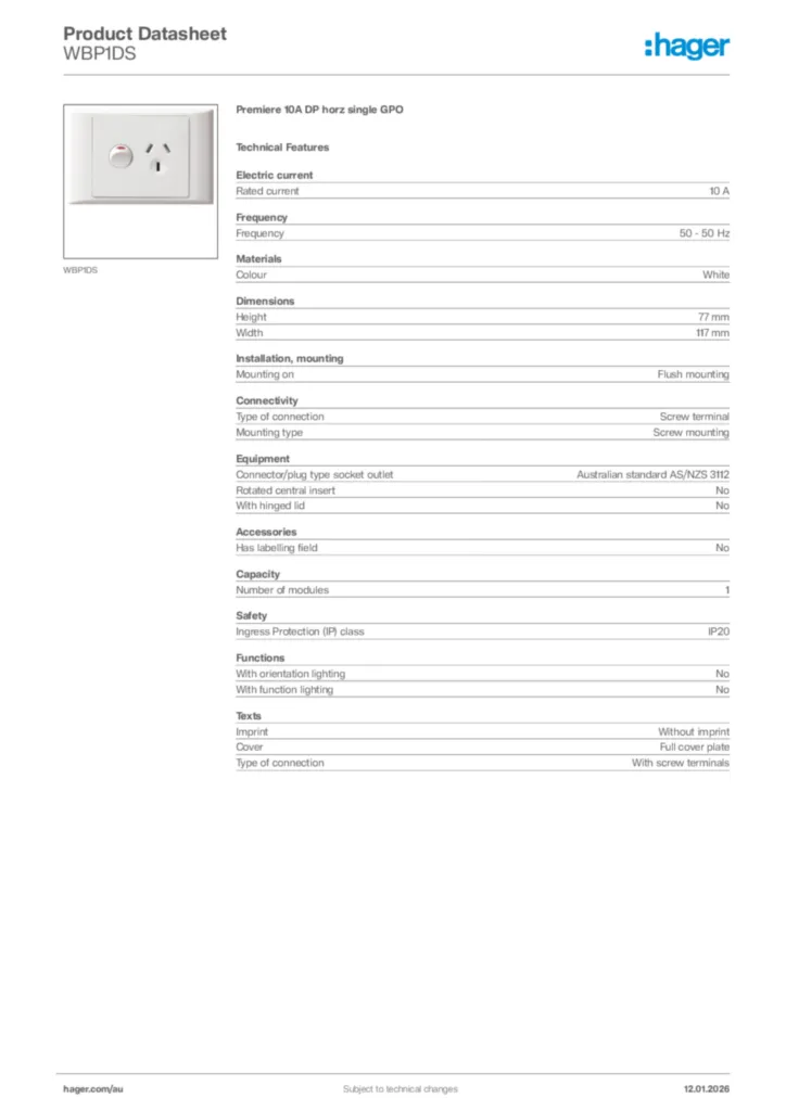 Image Hager Product data sheet WBP1DS  | Hager Australia