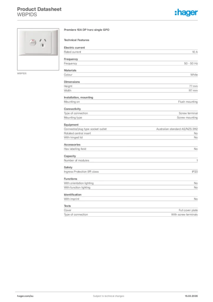 Image Hager Product data sheet WBP1DS  | Hager Australia
