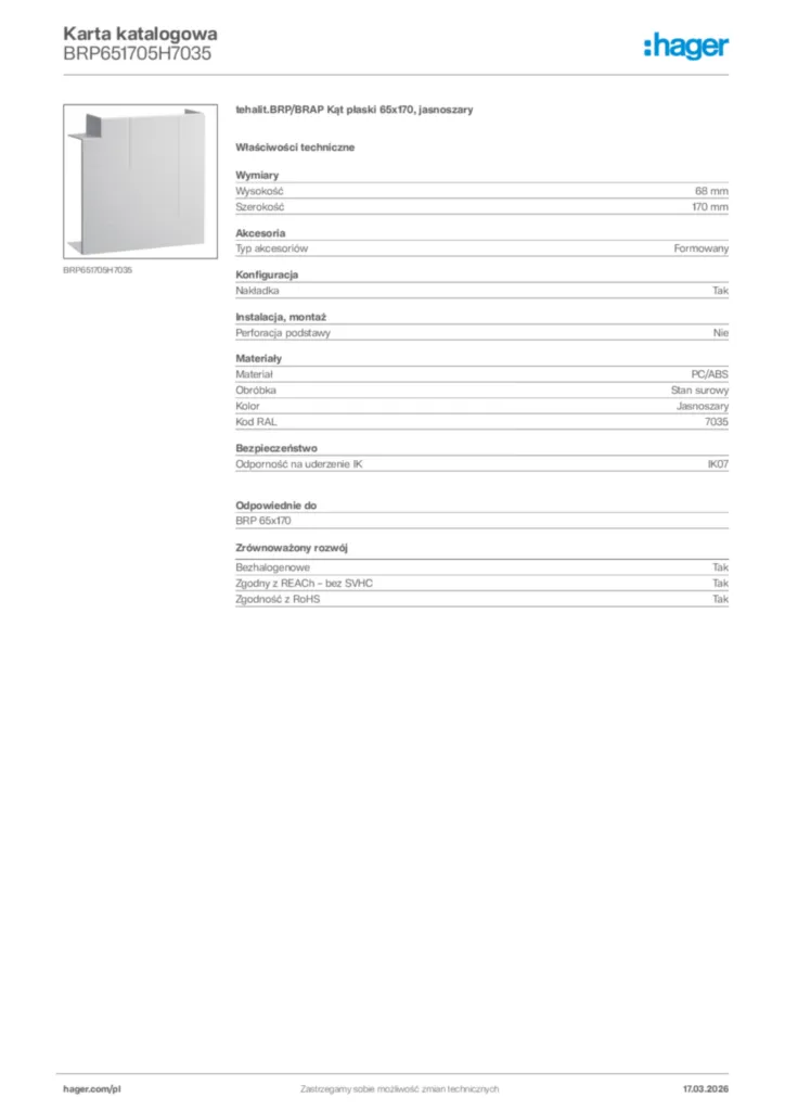 Zdjęcie Hager Karta katalogowa BRP651705H7035 | Hager Polska