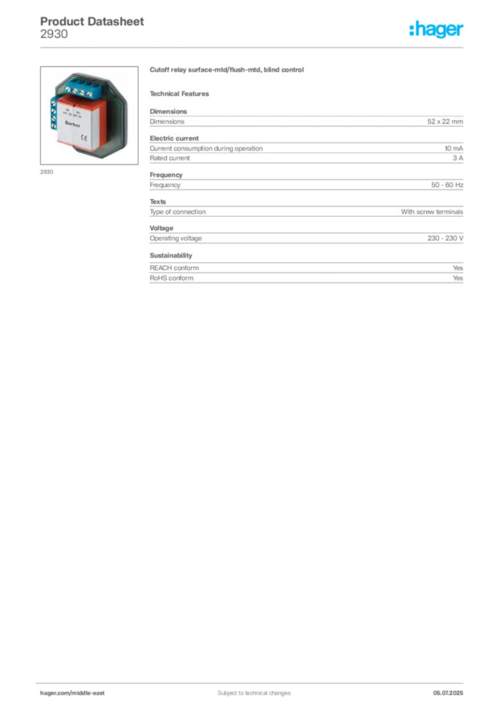 Image Hager Product data sheet 2930  | Hager
