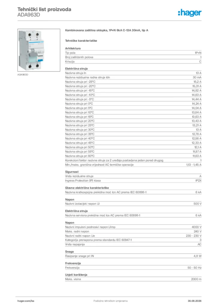 Slika Hager Tehnički list proizvoda ADA963D  | Hager
