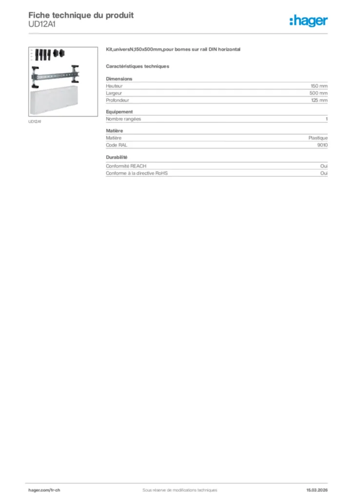 Image Hager Fiche technique du produit UD12A1 | Hager Suisse