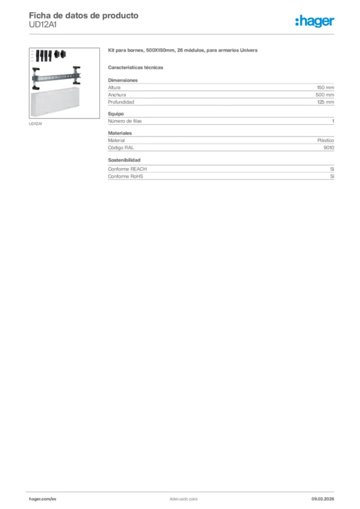 Imagen Hager Ficha de datos de producto UD12A1 | Hager España