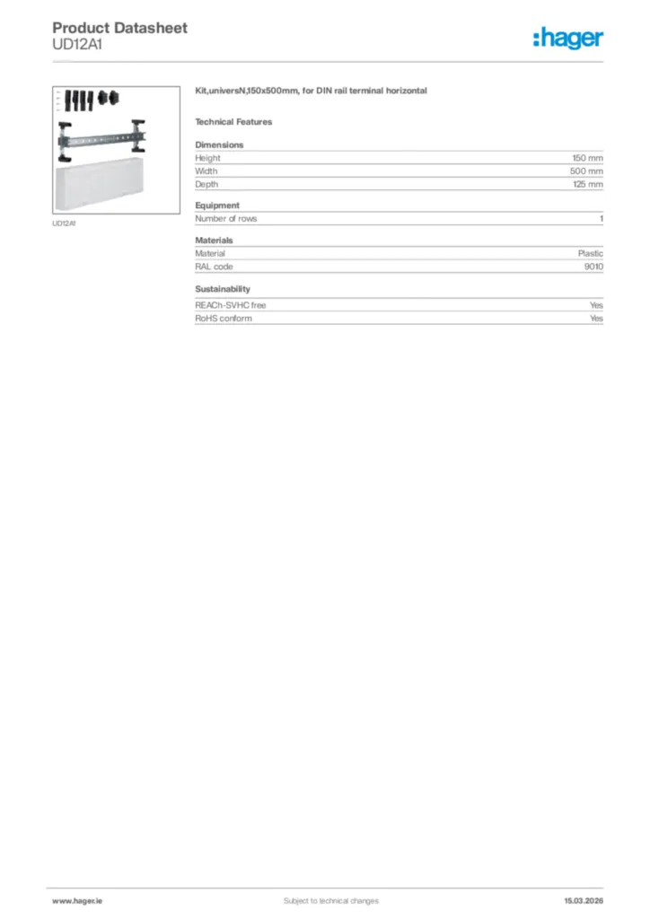 Image Hager Product data sheet UD12A1  | Hager