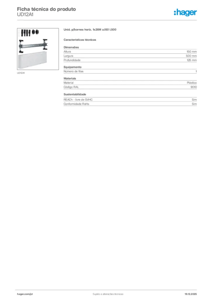 Imagem Hager Ficha técnica do produto UD12A1 | Hager Portugal