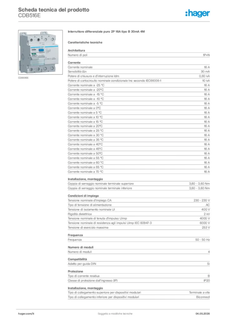 Immagine Hager Scheda tecnica del prodotto CDB516E | Hager Italia
