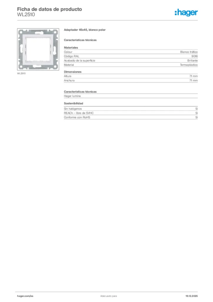 Imagen Hager Ficha de datos de producto WL2510 | Hager España
