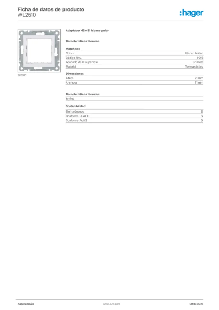 Imagen Hager Ficha de datos de producto WL2510 | Hager España