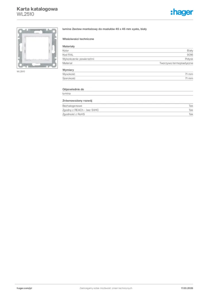 Zdjęcie Hager Karta katalogowa WL2510 | Hager Polska