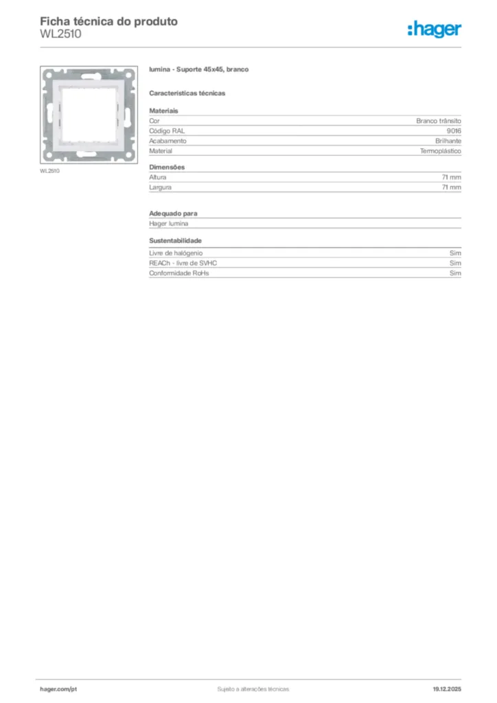 Imagem Hager Ficha técnica do produto WL2510 | Hager Portugal