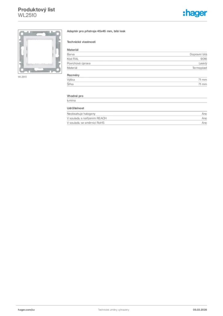 Obrázek Hager Product data sheet WL2510 | Hager
