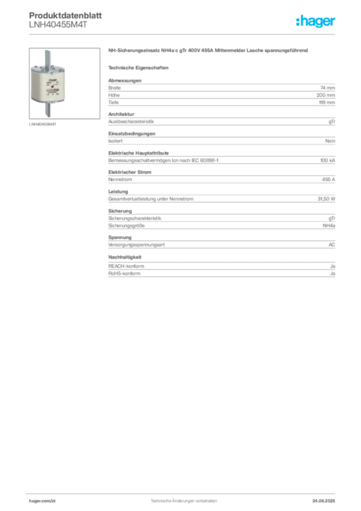 Bild Hager Produktdatenblatt LNH40455M4T | Hager Deutschland
