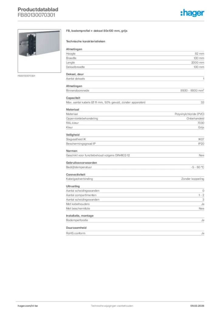 Afbeelding Hager Productdatablad FB80130070301 | Hager Belgium