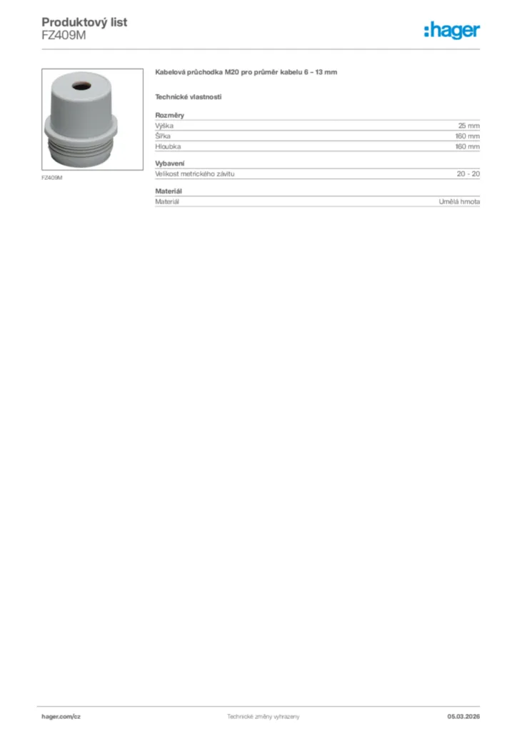 Obrázek Hager Product data sheet FZ409M | Hager