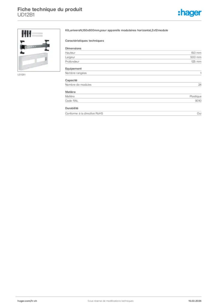 Image Hager Fiche technique du produit UD12B1 | Hager Suisse