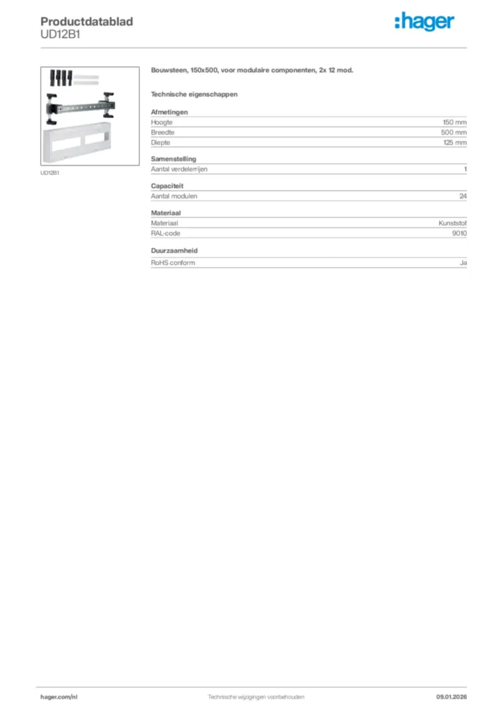 Afbeelding Hager Productdatablad UD12B1 | Hager Nederland