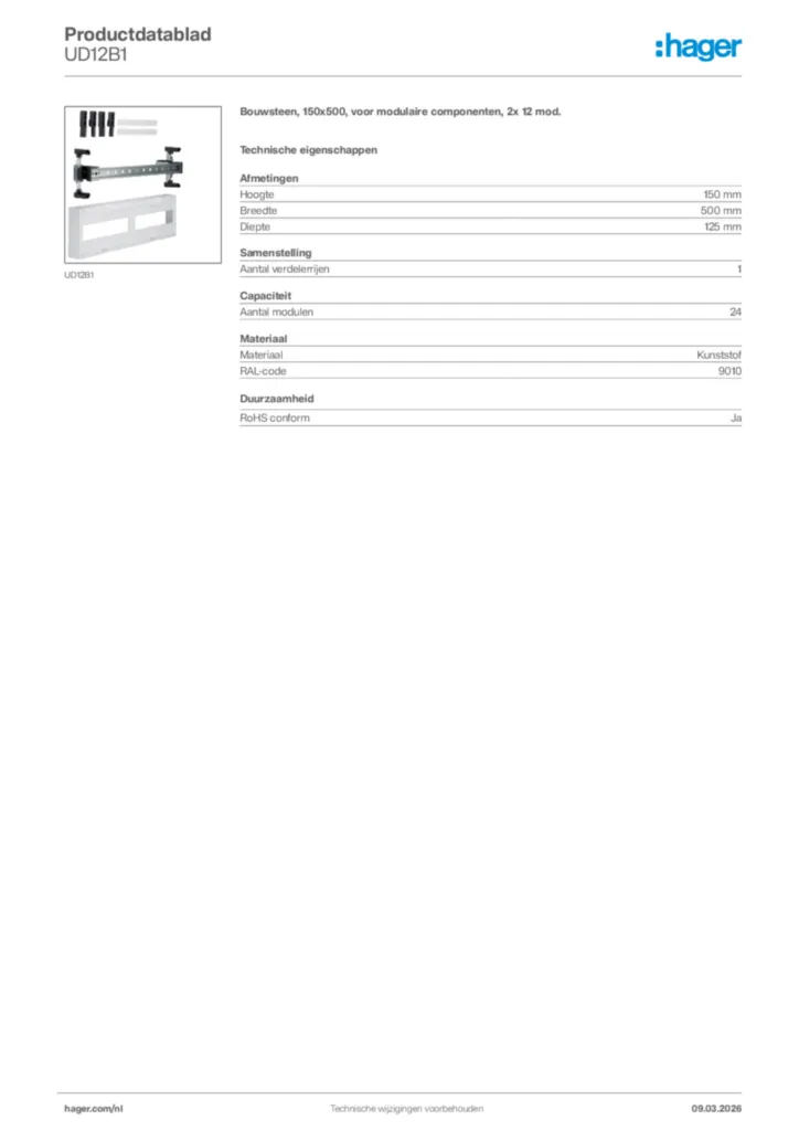 Afbeelding Hager Productdatablad UD12B1 | Hager Nederland