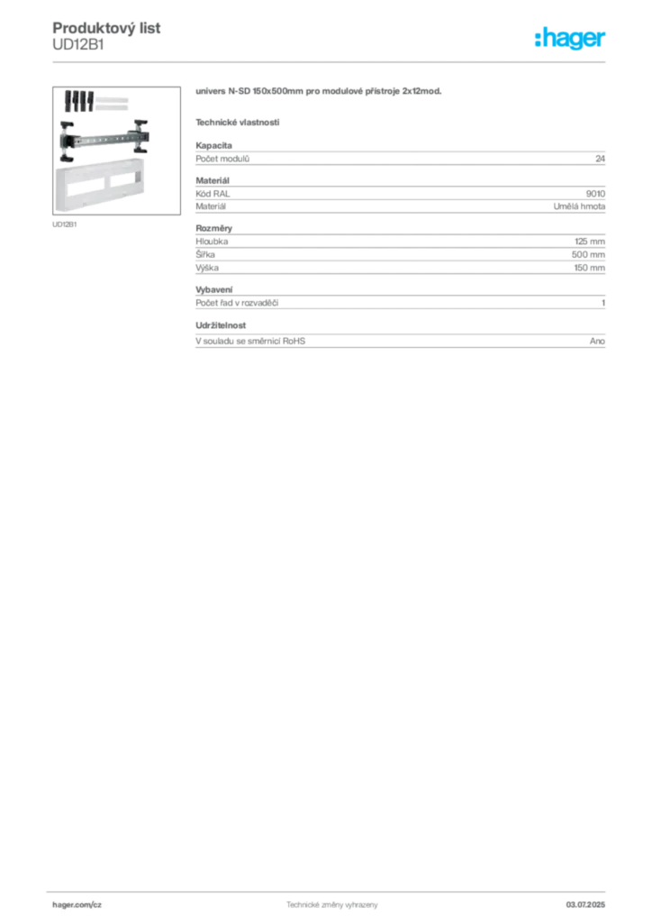 Obrázek Hager Produktový list UD12B1 | Hager