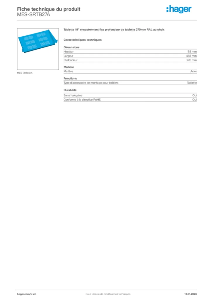 Image Hager Fiche technique du produit MES-SRTB27A | Hager Suisse