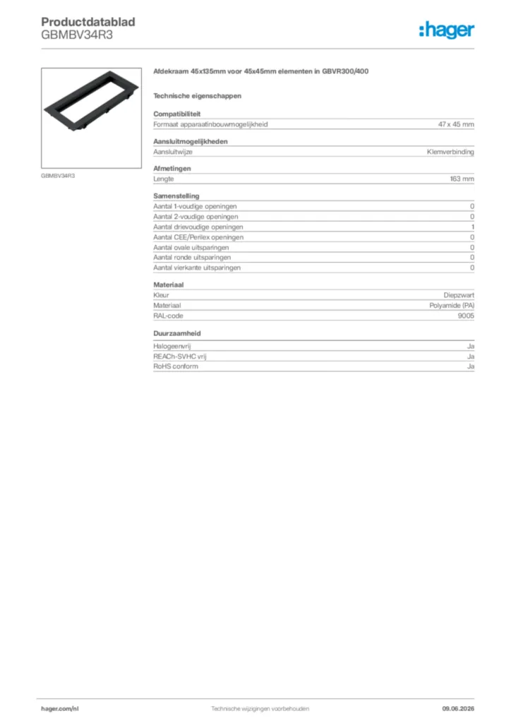 Afbeelding Hager Productdatablad GBMBV34R3 | Hager Nederland