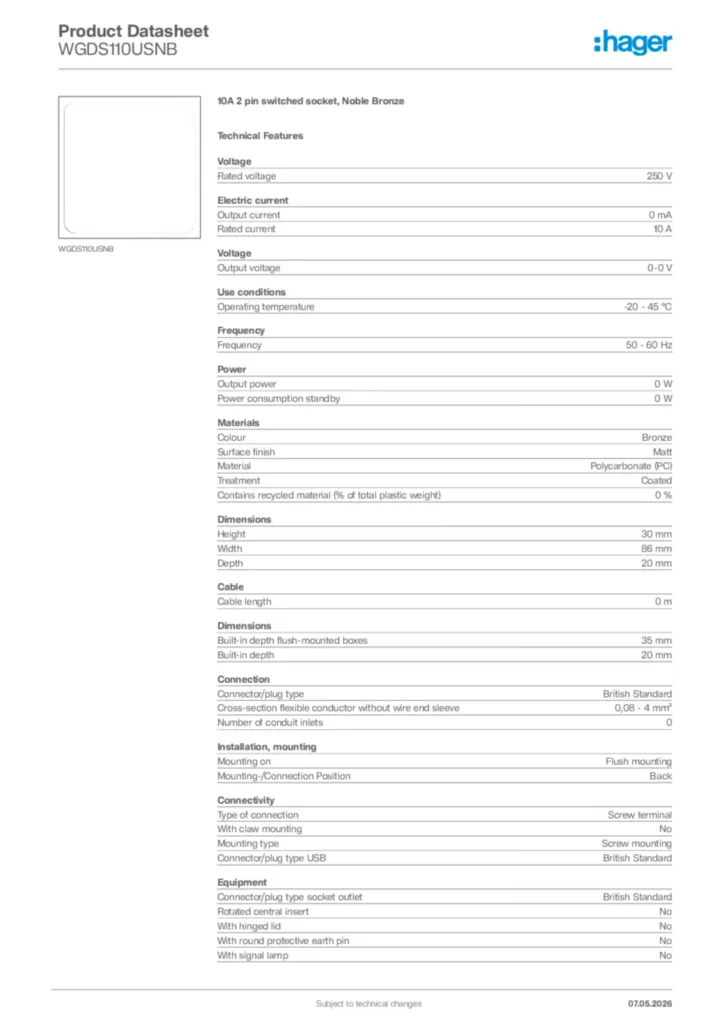 Image Hager Product data sheet WGDS110USNB  | Hager