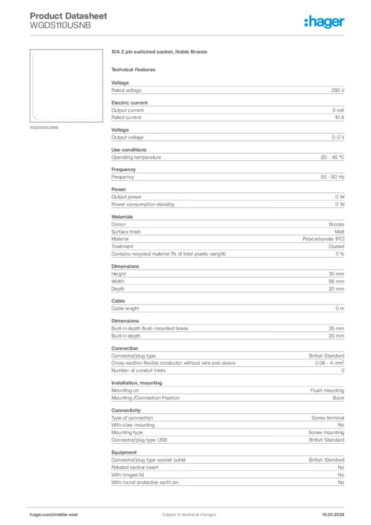 Image Hager Product data sheet WGDS110USNB  | Hager