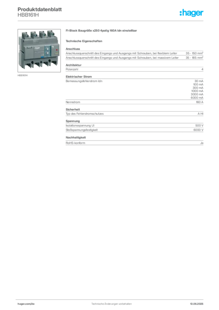 Hager Produktdatenblatt HBB161H