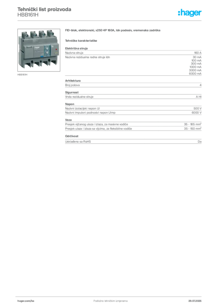 Slika Hager Product data sheet HBB161H  | Hager