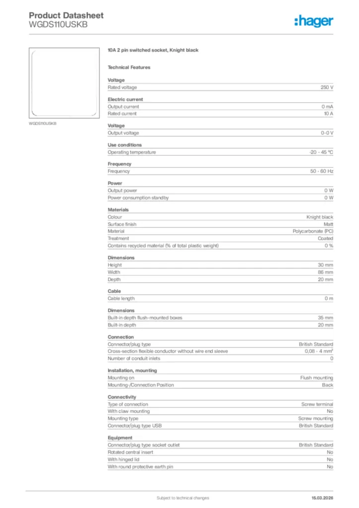 Image Hager Product data sheet WGDS110USKB  | Hager
