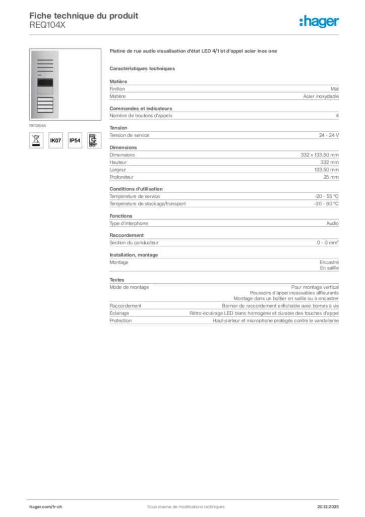 Image Hager Fiche technique du produit REQ104X | Hager Suisse