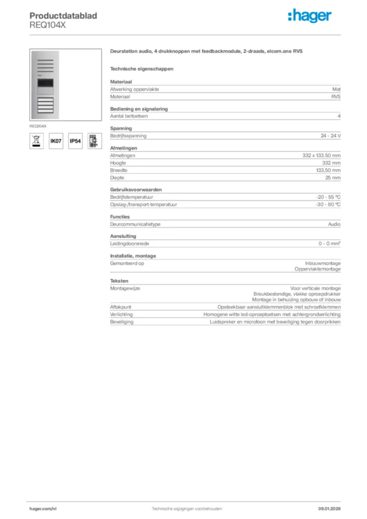 Afbeelding Hager Productdatablad REQ104X | Hager Nederland