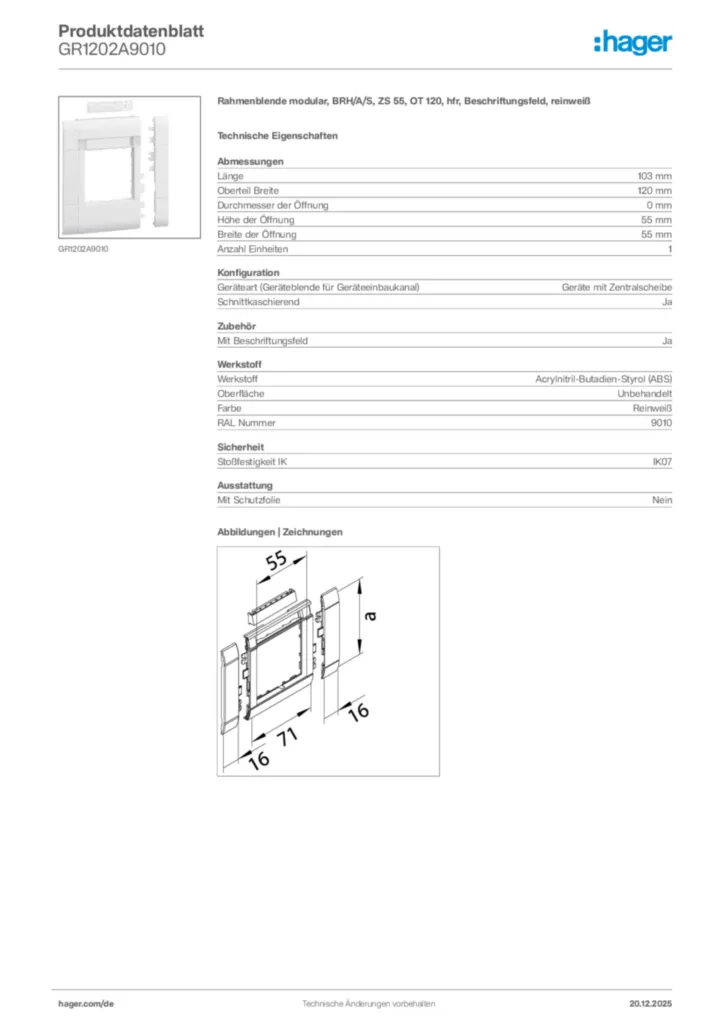 Bild Hager Produktdatenblatt GR1202A9010 | Hager Deutschland