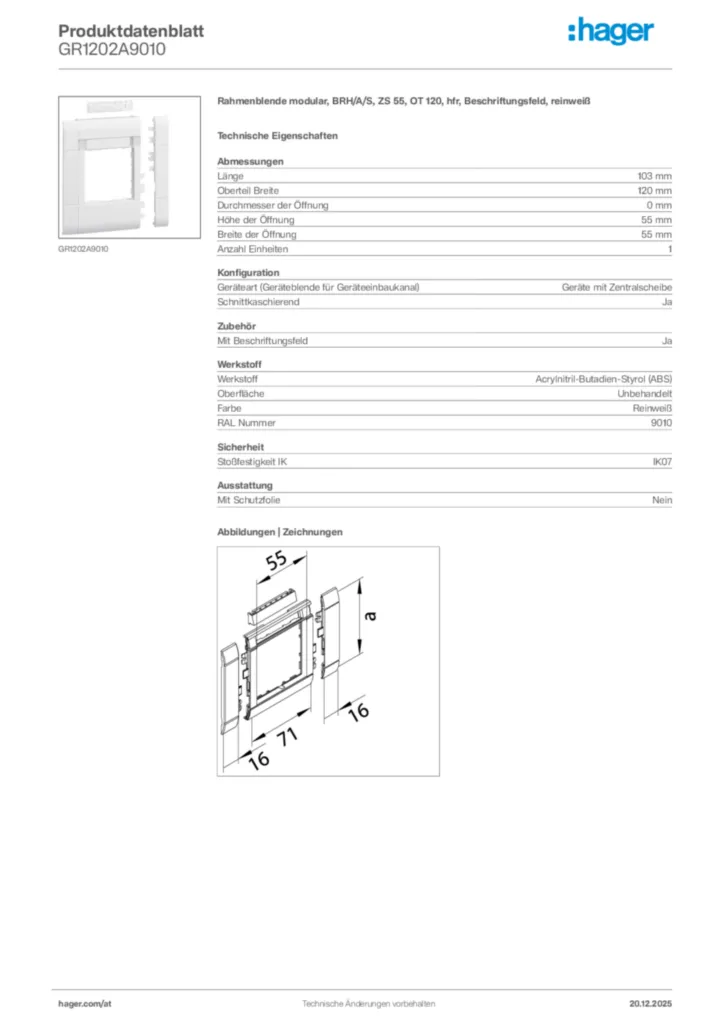 Bild Hager Produktdatenblatt GR1202A9010 | Hager Deutschland