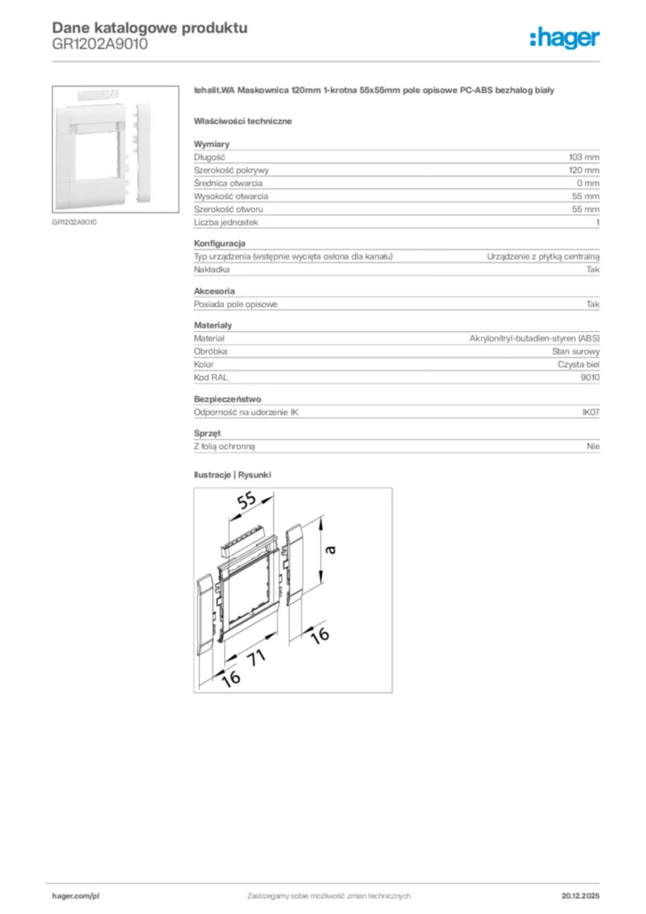 Zdjęcie Hager Karta katalogowa GR1202A9010 | Hager Polska
