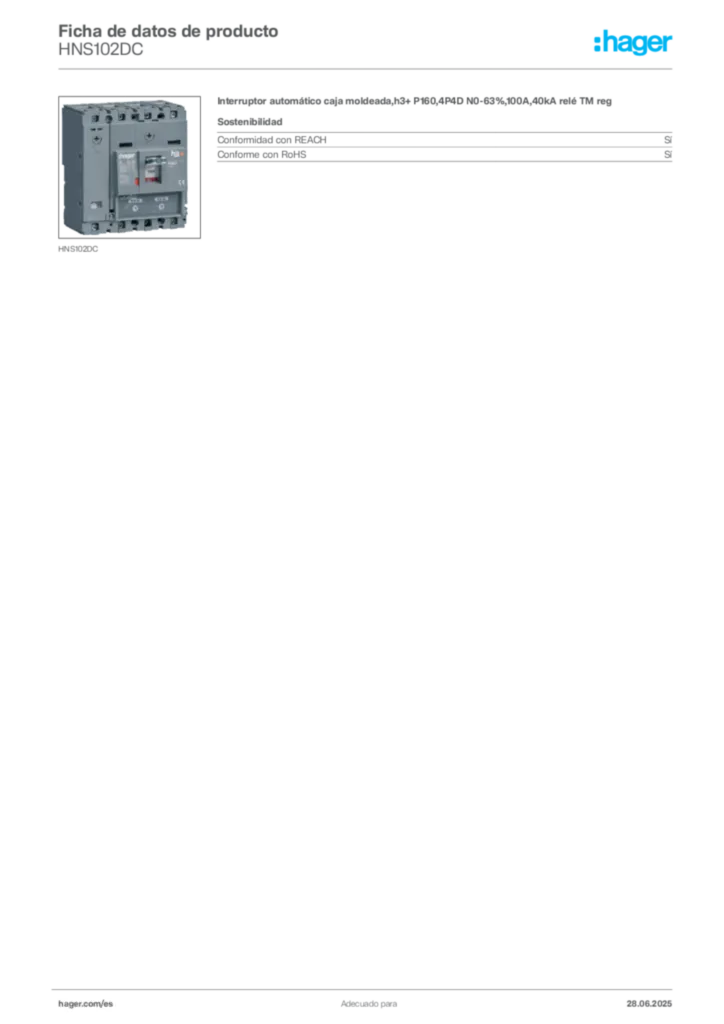 Imagen Hager Ficha de datos de producto HNS102DC | Hager España