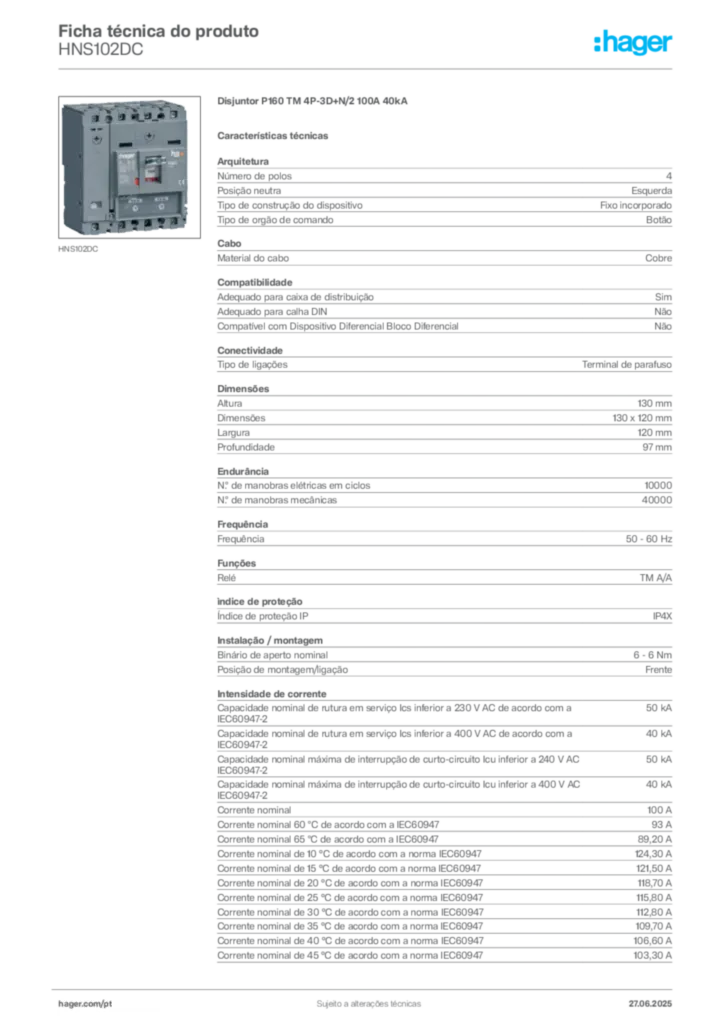 Imagem Hager Ficha técnica do produto HNS102DC | Hager Portugal