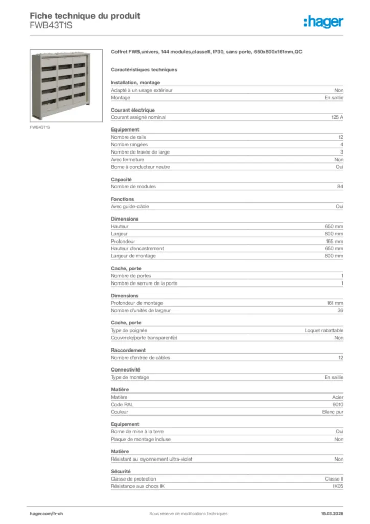 Image Hager Fiche technique du produit FWB43T1S | Hager Suisse