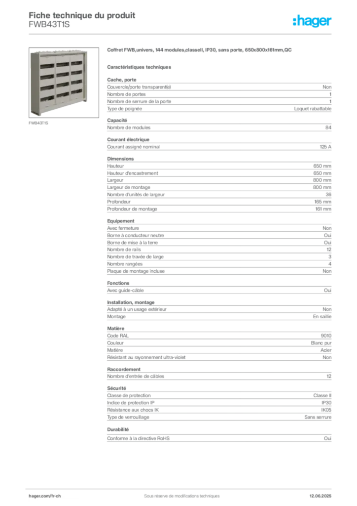 Image Hager Fiche technique du produit FWB43T1S | Hager Suisse
