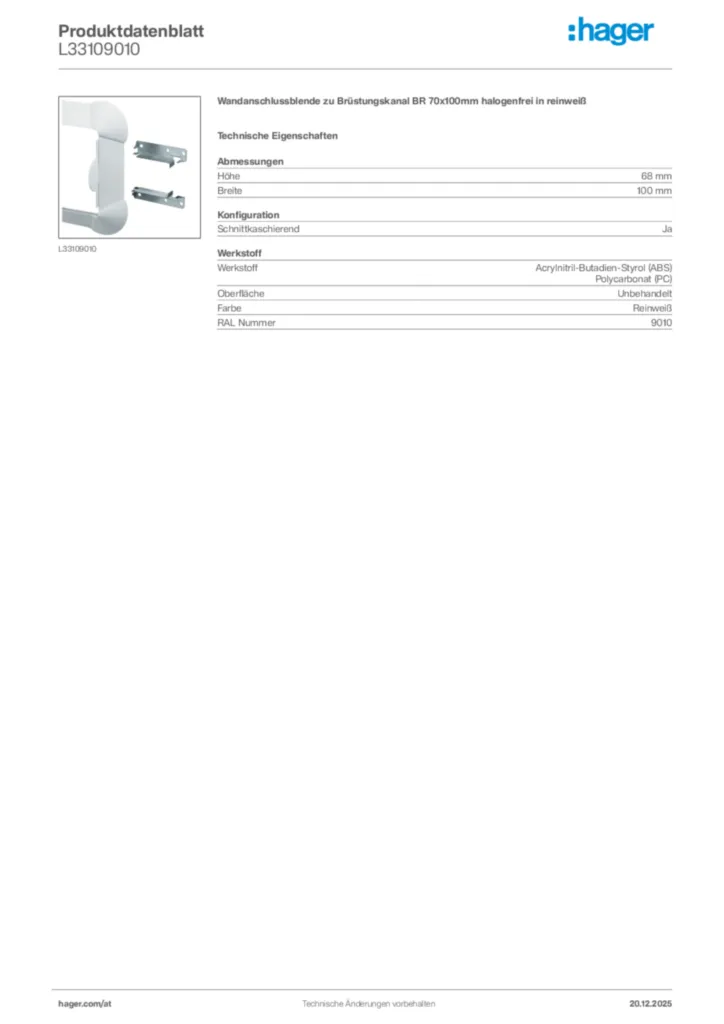 Bild Hager Produktdatenblatt L33109010 | Hager Deutschland
