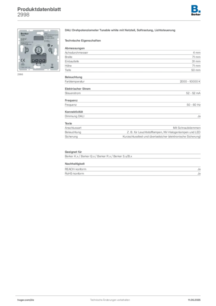 Bild Berker Produktdatenblatt 2998 | Hager Deutschland